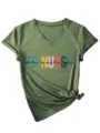 Casual women's V-neck short sleeve T-shirt with graphic print, comfortable daily wear. - S / Tops / Olive Green