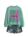 Damen Freizeit mintgrüne Sweatshirt und Destroyed Jeansshorts Set für Abschluss. - S / Oberteile / Hellgrünes Sweatshirt (Schwarzes Textmuster)
