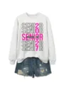 Lässiges langärmliges Sweatshirt mit Rundhalsausschnitt kombiniert mit Jeansshorts. - S / Oberteile / Altweiß (Schwarze Grafik)