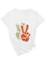 Women retro peace sign print V-neck short sleeve casual t-shirt with side knot white - S / Tops / White