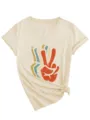 Women's vintage peace sign graphic v-neck short sleeve t-shirt with side knot design. - S / Tops / Sand