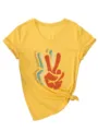 Women yellow V-neck short sleeve T-shirt featuring retro peace sign graphic and knot detail. - S / Tops / Yellow