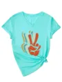 Women V-Neck Short Sleeve T-Shirt Casual Summer Peace Sign Graphic Print Side Knot Tee - S / Tops / Deep Water Blue
