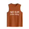 Nahaufnahme des lässigen Damen Tanktops mit witzigem Sloganprint und bequemen Stoffdetails. - Gebranntes Orange