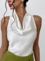 Elegant white satin halter top for women, sexy sleeveless cowl neck summer clothing. - S / Tops / White
