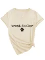 Beige V-neck women short sleeve tee detailed with cute pet text print and stylish side knot. - S / Tops / Sand (Black Print)