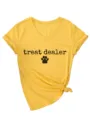 Detailed close-up shot of yellow V-neck short-sleeve tee with chest text and knot hem. - S / Tops / Yellow (Black Print)