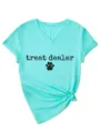 Women Casual V-Neck Short Sleeve T-Shirt Cute Pet Letter Print Summer Tops Tee Shirt - S / Tops / Deep Water Blue (Black Pattern)