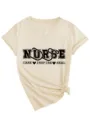 Vista dettagliata t-shirt donna beige collo V manica corta stampa infermiera e nodo laterale. - Taglia S / Top / Colore sabbia