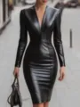 Elegant black faux leather V-neck long sleeve bodycon dress for women, sexy slim view. - S / Black
