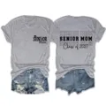 Close up view of gray senior mom graduation t-shirt paired with denim shorts details. - S / Tops / Light Grey (Black Font)