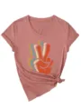 Detailed view of women's v-neck short sleeve t-shirt with retro peace hand graphic knot. - Rose Gold
