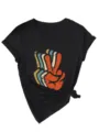 Women's V-Neck Short Sleeve Casual T-Shirt with Side Knot and Retro Peace Sign Print Black - Black