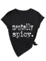 Schwarzes V-Ausschnitt Kurzarm-T-Shirt mit trendigem Spruch-Print und modischem Knoten. - S / Oberteile / Schwarz