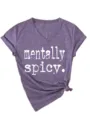 Damen lila V-Ausschnitt Kurzarm T-Shirt mit Knotensaum und lustigem Buchstabenprint. - S / Oberteile / Lila