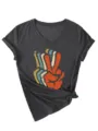 Close up detail of the vintage peace sign graphic print on this dark grey V-neck t-shirt. - Black Heather Grey