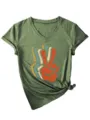 Women's V-neck short sleeve t-shirt retro peace sign graphic casual green tee top - Olive Green