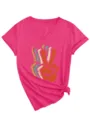 Close-up detail of women v-neck short sleeve t-shirt with retro peace hand sign graphic. - Rose Red