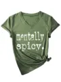 Mentally spicy Grafikdruck V-Ausschnitt Kurzarm Damen lässiges T-Shirt Detailansicht. - S / Oberteil (3812) / Olivgrün