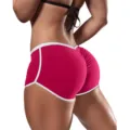 Back detail of women sexy low-waist sports yoga shorts with scrunch butt and white piping. - 3XL / Bottoms / Purple