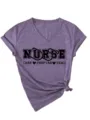 Donna infermiera collo a V t-shirt manica corta top grafico estivo casual con nodo frontale. - Taglia S / Top / Viola(3812)