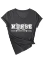 Vista dettagliata della t-shirt a maniche corte con scollo a V grigio scuro e stampa. - Taglia S / Top / Grigio Melange(3812)