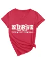 Maglietta da infermiera rossa con scollo a V e stampa grafica motivazionale, top casual. - Taglia S / Top / Rosso