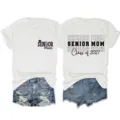 Women's casual short sleeve t-shirt with senior mom 2027 graduation print for daily wear. - S / Tops / White (Black Font)