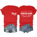 Senior Mom Class of 2027 matching red short sleeve t-shirt and denim shorts set for women. - S / Tops / Red (White Font)