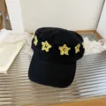 Retro black flat top cap with yellow frayed star patches, vintage casual fashion hat for daily wear - 56-58cm Adjustable / Printed