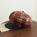 Retro plaid newsboy cap with black leather brim for autumn and winter fashion wear. - 56-58cm / Orange