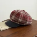 Retro plaid newsboy hat with black leather brim, classic autumn winter cap for women. - 56-58cm / Burgundy
