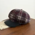 Vintage plaid newsboy hat for women, autumn winter octagonal painter cap with leather brim. - 56-58cm / Purple