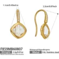 Gold stainless steel cushion cut stone drop earrings with zirconia pave hook and dimensions. - White Glass Stone Gold Earrings