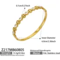 Detailed view of the gold stainless steel crystal flower motif bangle bracelet specs. - Hollow Petal Bangle / Z217 / Gold