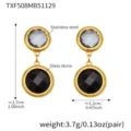 Stainless steel round glass stone drop earrings, elegant dual-layer design for women. - Gold Earrings (TXF508) / 1 Pair Set / Black