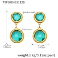 Stainless steel green glass stone double round dangle earrings for women elegant gold jewelry. - Gold Earrings (TXF508) / 1 Pair Set / Lake Blue