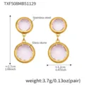Stainless steel pink glass stone drop earrings, elegant double round design light luxury jewelry. - Gold Earrings (TXF508) / 1 Pair Set / Light Pink