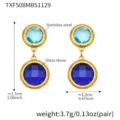 Elegant stainless steel blue glass stone dangling earrings with gold finish, 2.7cm size. - Gold Earrings (TXF508) / 1 Pair Set / Patchwork Blue