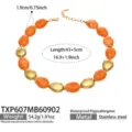 Collier élégant en acier inoxydable avec perles ovales en résine orange pour jolies femmes - Collier (TXP607) / 43+5cm / Couleur Champagne (Couleur Or)
