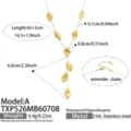Detail view of the gold tone stainless steel hammered leaf Y-shaped necklace with extender chain. - Style A Leaf Hammered Gold Necklace (TXP526) / 42+5cm