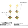 Orecchini lunghi pendenti quadrifoglio in zircone colorato doppio strato in acciaio inox. - Stile Pendente Lungo Doppio Strato / Color Oro Trifoglio Zirconia Multicolore
