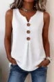 Gedetailleerd overzicht van de witte mouwloze tanktop met V-hals, houten knopen en geplooide zoom. - S / Wit