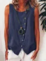 Top smanicato in lino casual con bottoni laterali e collo rotondo per la stagione estiva. - Taglia S / Blu Notte