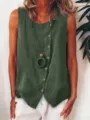 Vista dettagliata camicia casual senza maniche da donna, top ampio girocollo con bottoni. - Taglia S / Grigio scuro