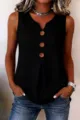 Vrouwen zwart mouwloos v-hals topje zomer casual knoopsluiting geplooide tankshirt - S / Zwart