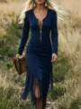 Vintage Western Stil Langarm Fransen Slim Fit Kleid fuer Damen eleganter taeglicher Stil. - Marineblau