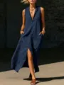 Abito lungo donna smanicato collo risvolto spacco tasche vista dettaglio, elegante estivo casual. - Taglia S / Blu navy
