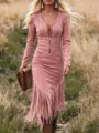 Details des retro western fransen langarm wildleder kleides, eleganter stil, passform. - Rosa