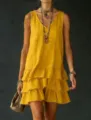 Donna Estate Casual Giallo Scollo V Senza Maniche Volant A Strati Mini Abito Tank - Giallo